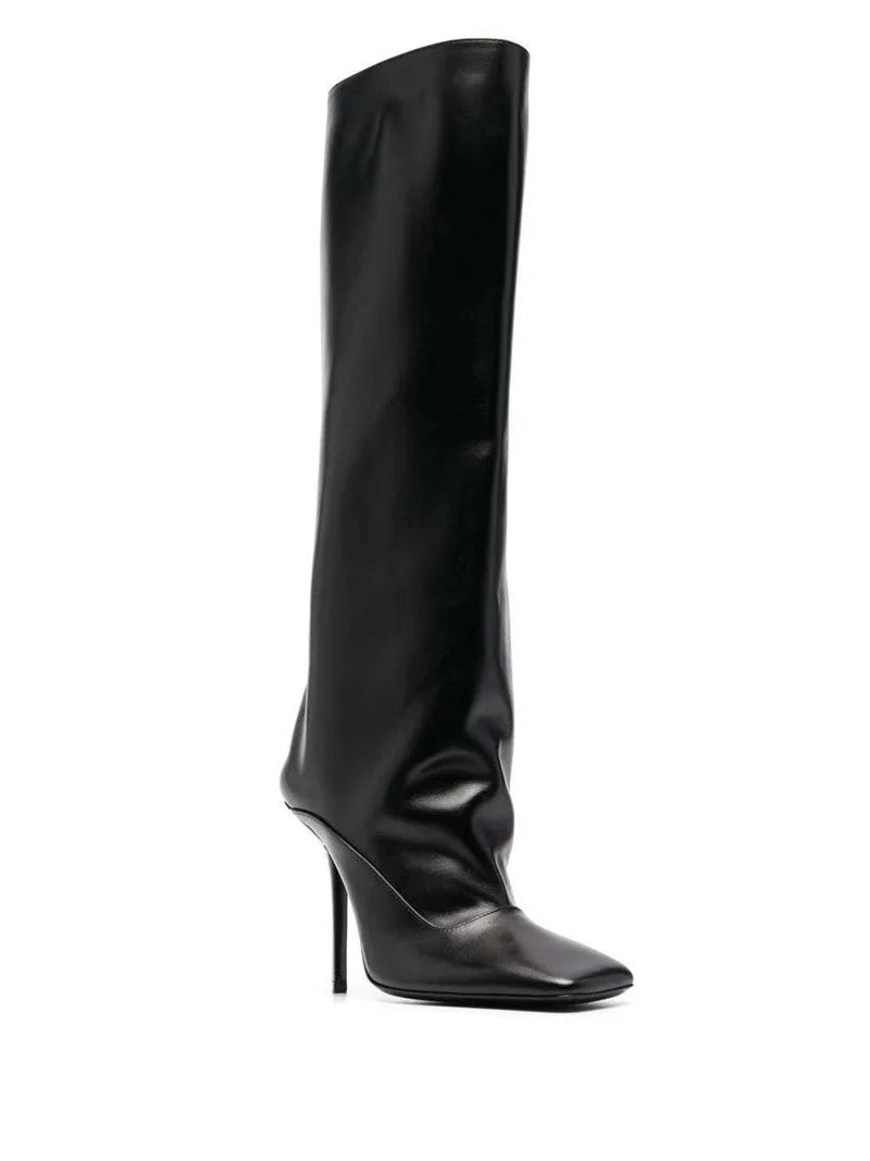 Silver Gold Fine Heel Square Head Knee Length Boots  Winter New Versatile Slim Sleeve Long Boots Large 43 Women's Shoes