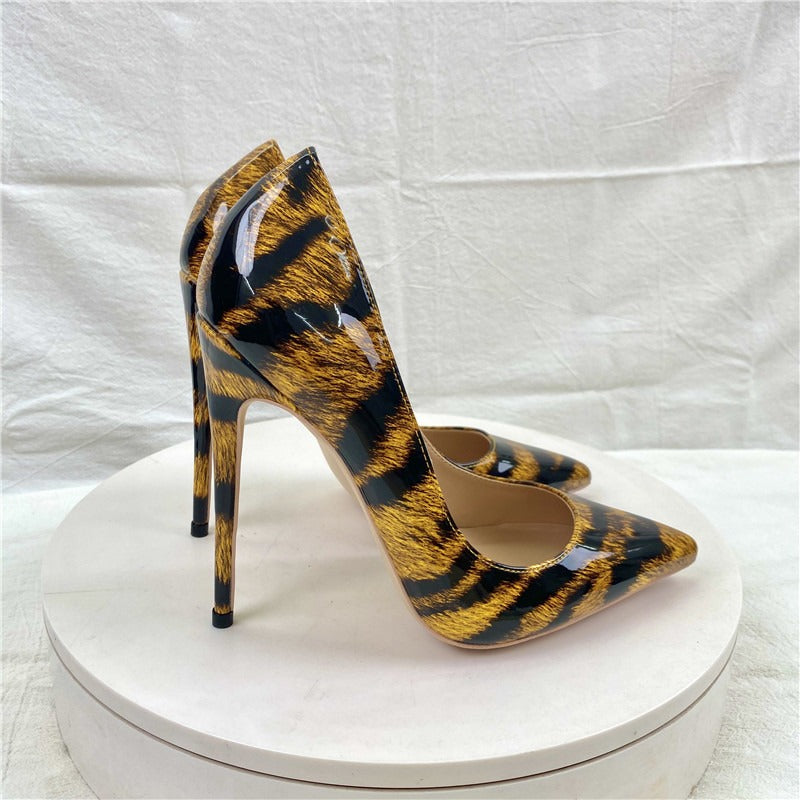 Leopard print patent leather high heels, pointed thin root fashionable women's shoes, single shoes