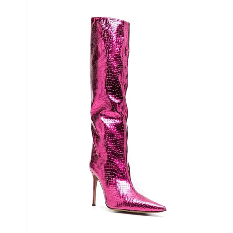 Women's New Stone Print Boots Sexy Runway Stiletto Pointed Toe High Boots 10cm High Heel Side Zipper Boots
