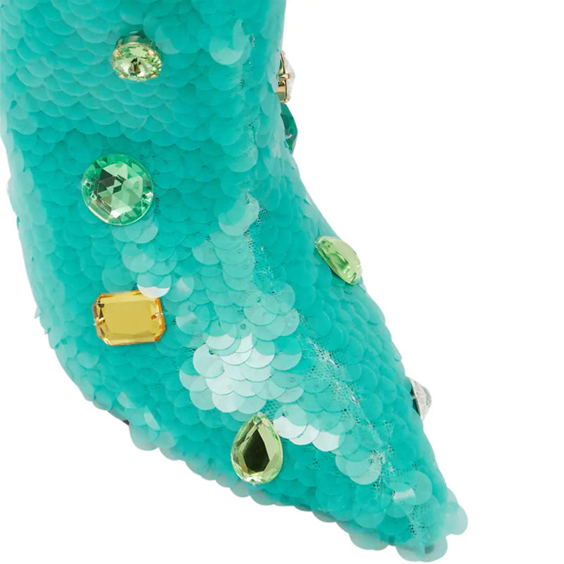 Gemstone Sequin Stiletto Knee-High Boots