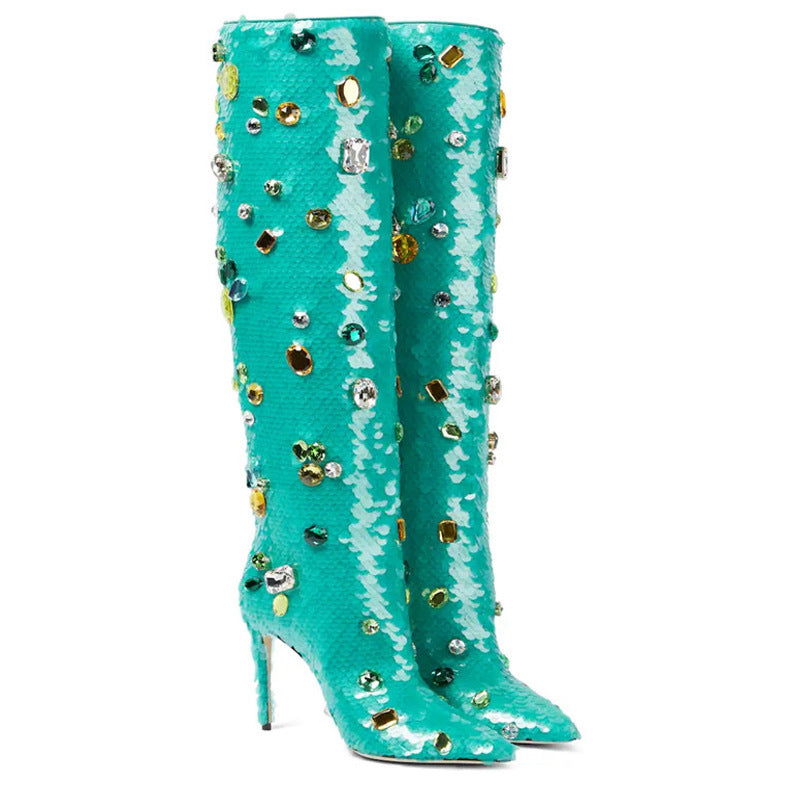 Gemstone Sequin Stiletto Knee-High Boots