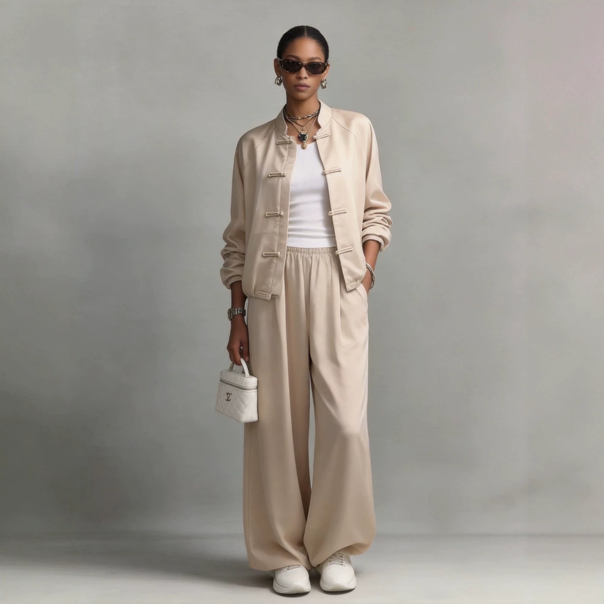 Women's Satin Two-Piece Set — Frog Button Jacket & Wide Leg Pants