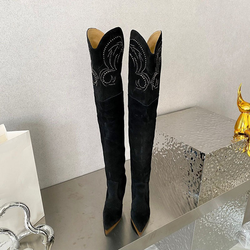 Wedge Heel Over The Knee Boots Suede Leather Pointed Toe Embroidery Long Boots Winter Women's Dress Shoes