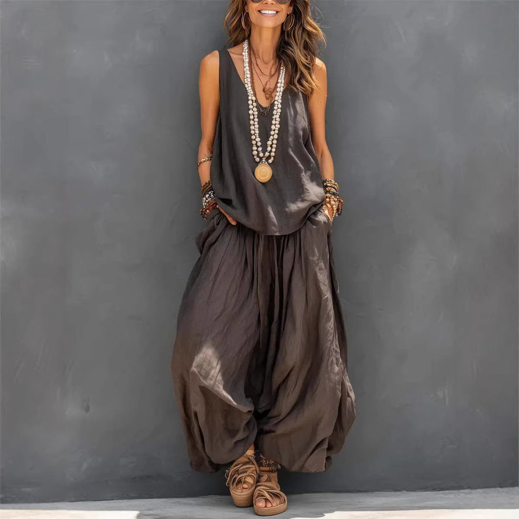 Womens Solid-Colored Casual Sleeveless Tank Top And Wide-Leg Pants Cotton-Linen Set For Daily Wear Holiday Outfit