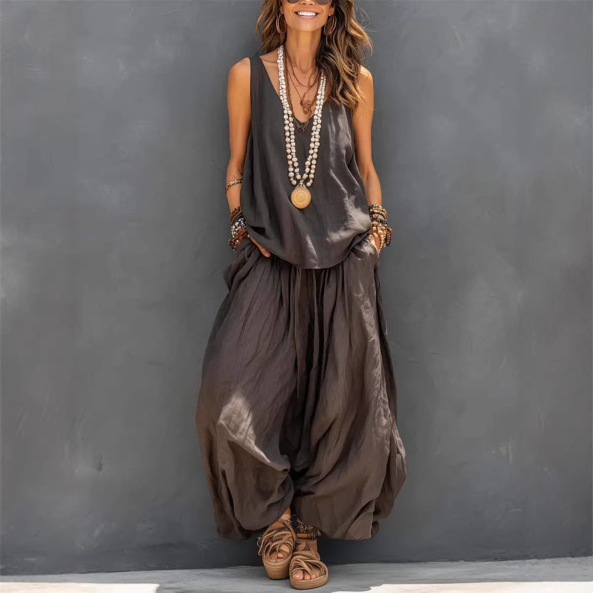 Womens Solid-Colored Casual Sleeveless Tank Top And Wide-Leg Pants Cotton-Linen Set For Daily Wear Holiday Outfit