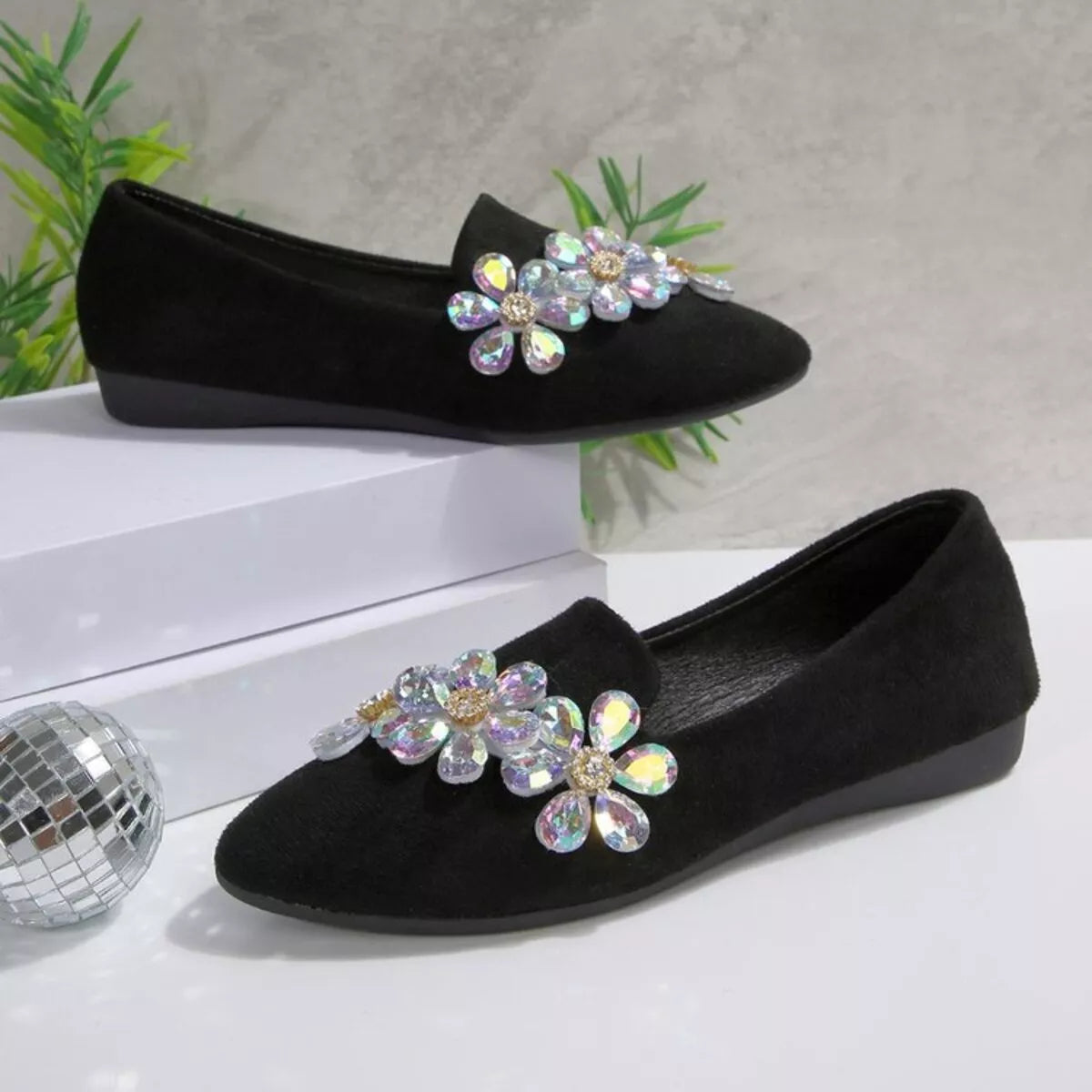 Rhinestone Point Toe Flats Slip-Ons
