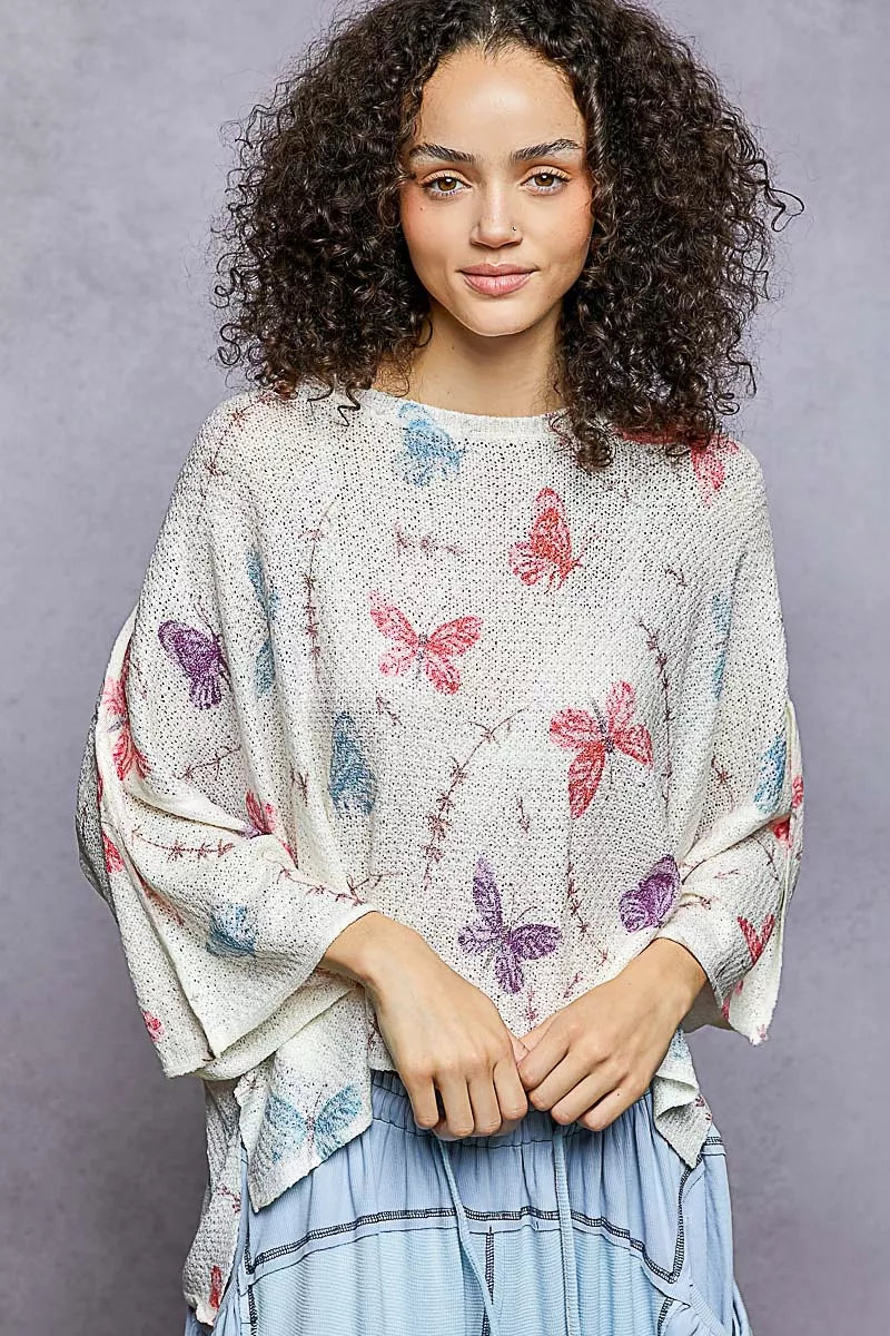 POL Butterflies Pattern Round Neck knit Top with Outseam Rolling Edge