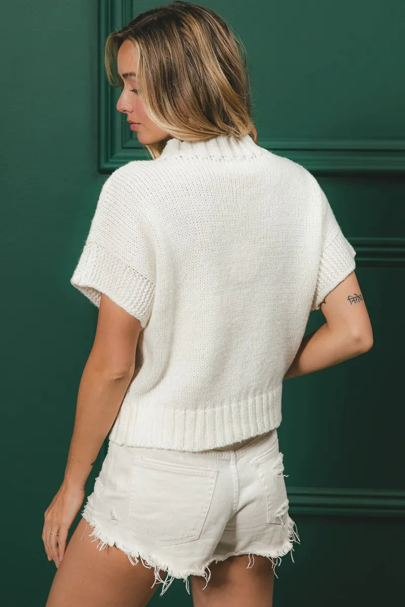 BiBi Gameday Sequin Football Patches Rib Banded Sweater