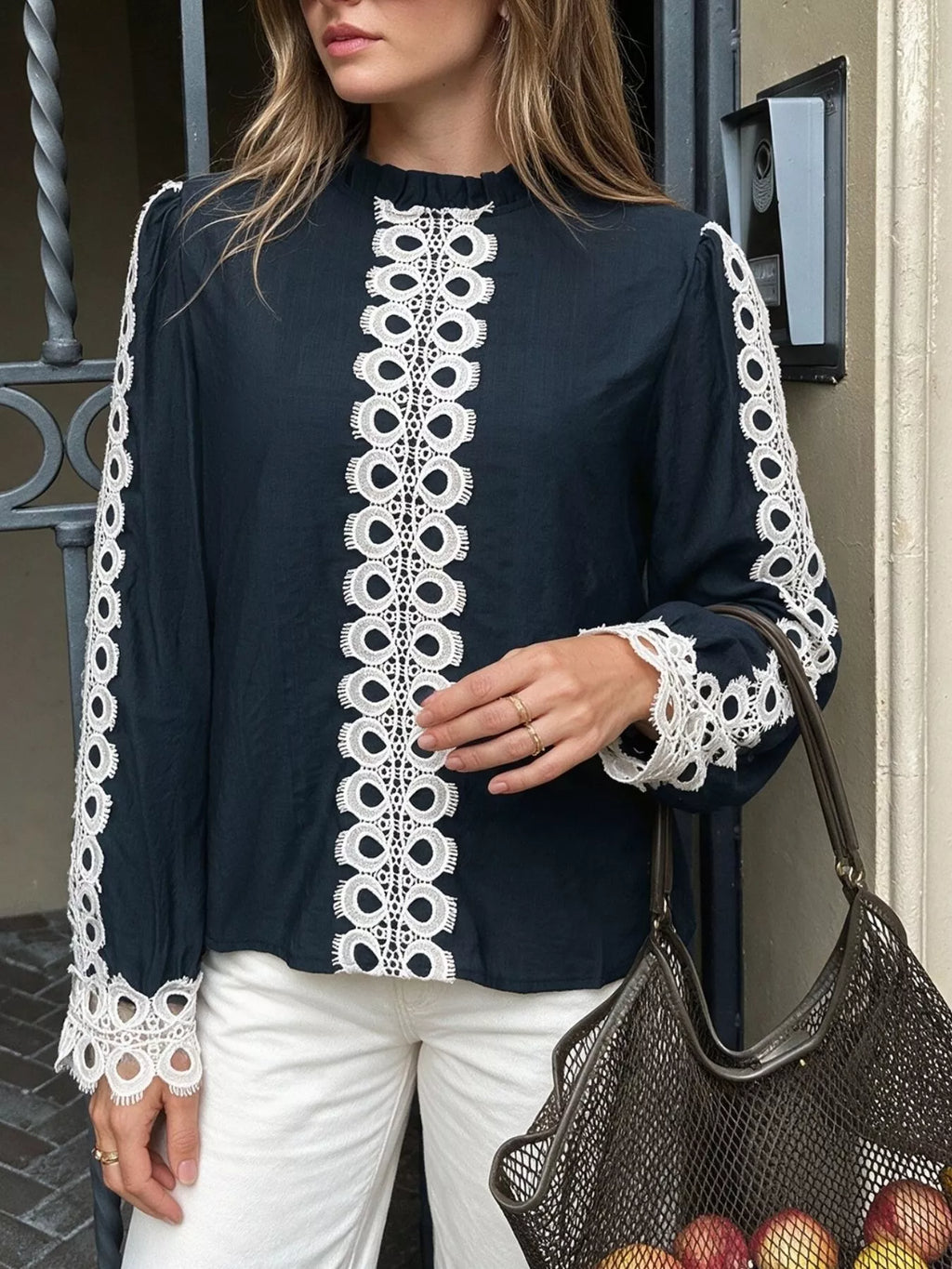 Lace Trim Long Sleeves Blouse