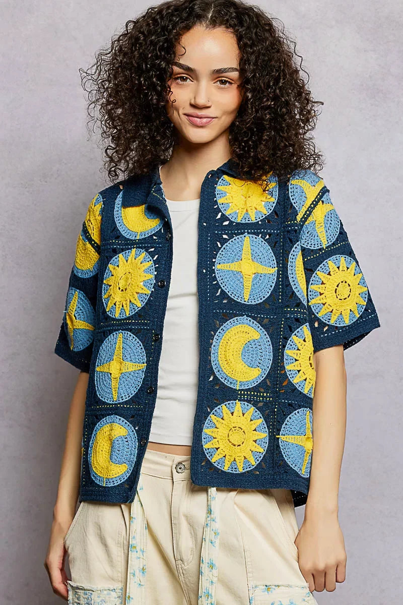 POL Openwork Short Sleeve Crochet Shirt