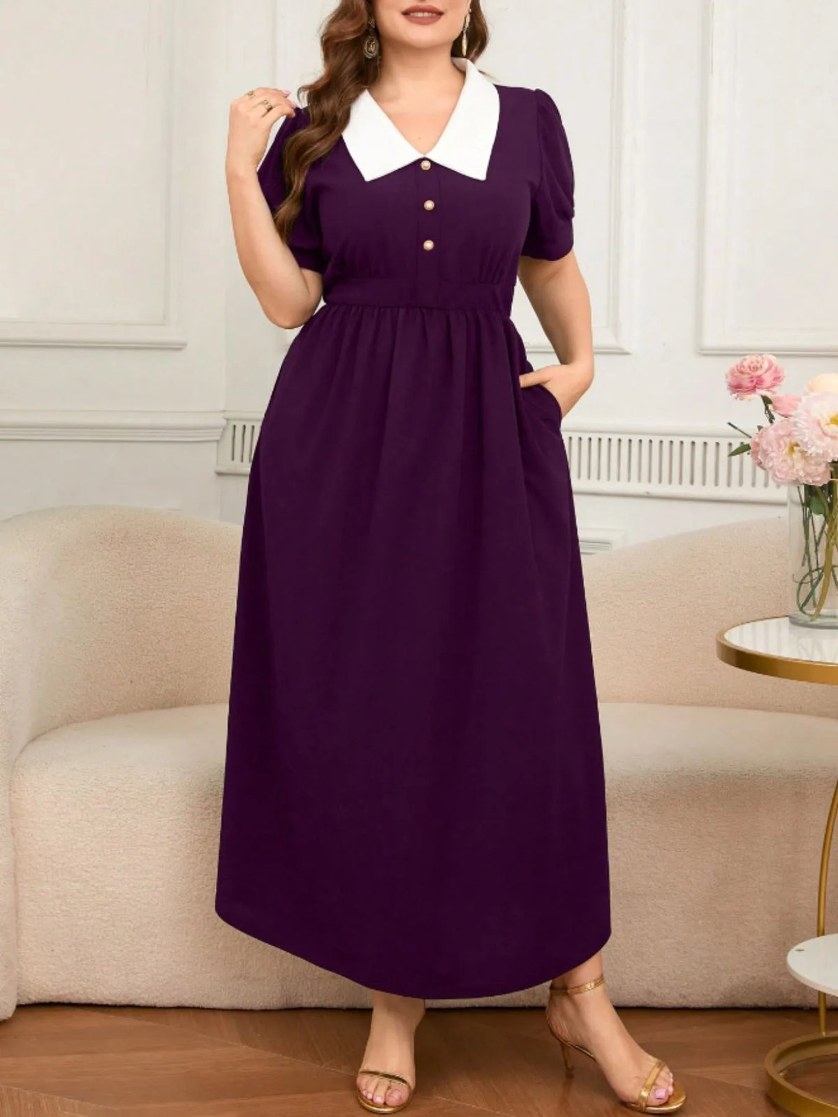 Plus Size Contrast Collar Short Sleeve Dress