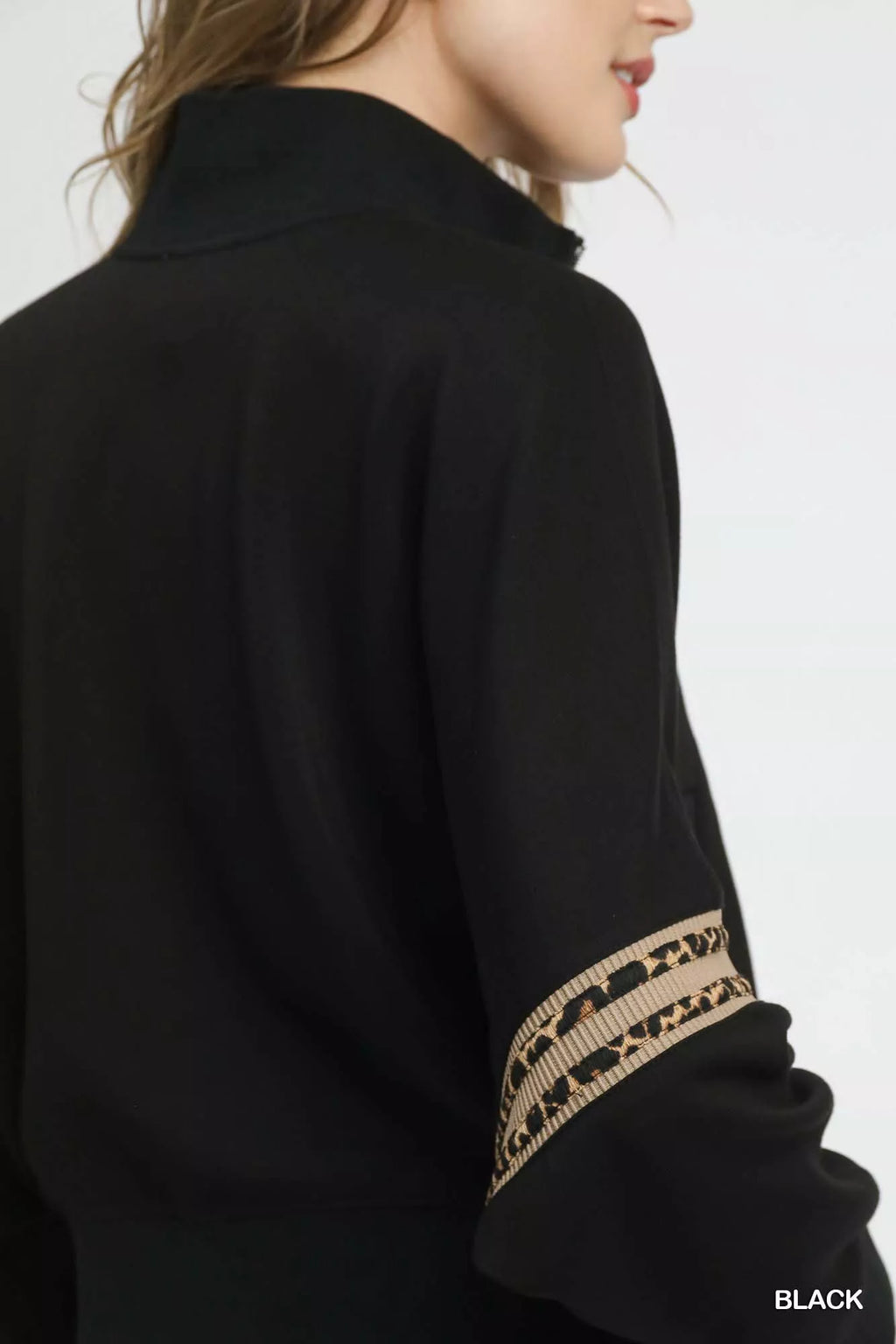 Umgee Zipper Up Cropped Jacket with Leopard Trim