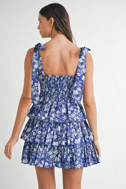 MABLE Floral Print Shoulder Tie Layered Mini Dress