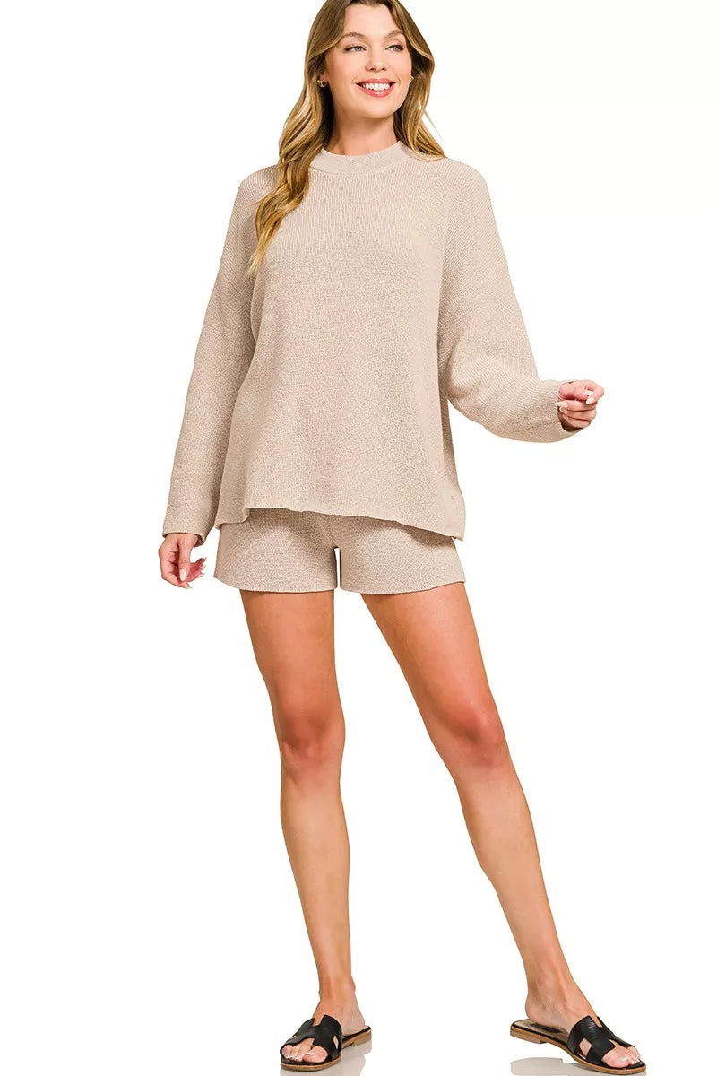Zenana Round Neck Knit Top and Shorts Sweater Set