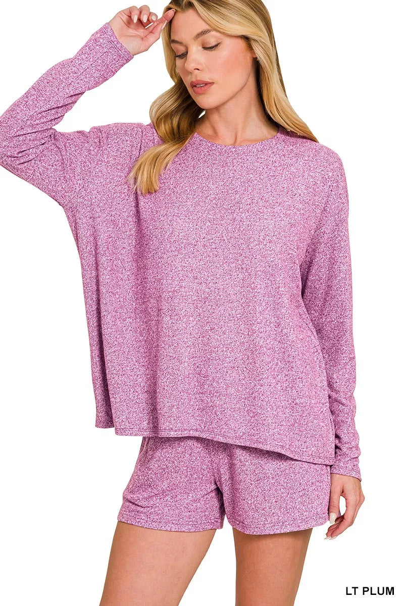 Zenana Soft Melange Long Sleeve Tee and Shorts Set