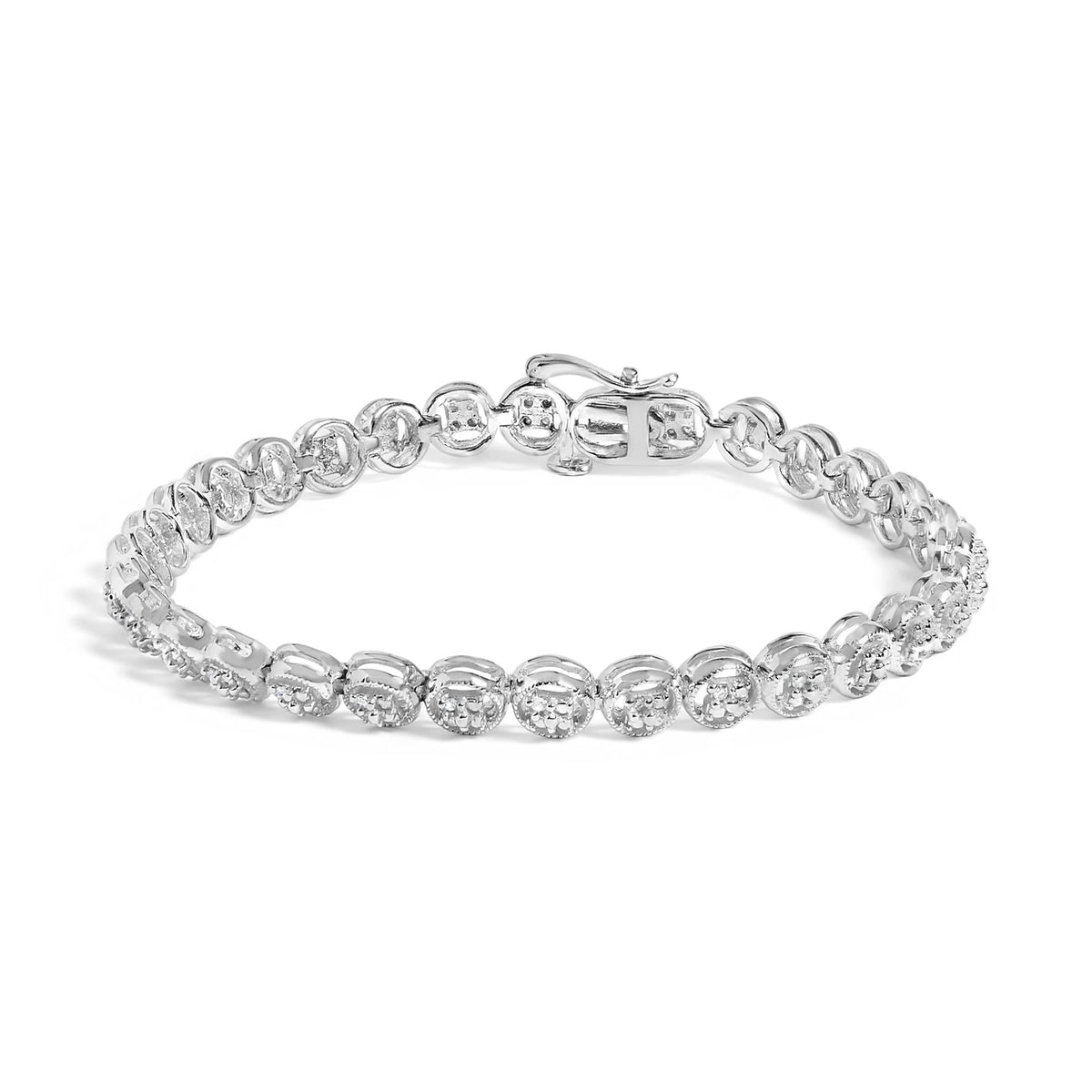 .925 Sterling Silver 1/10 Cttw Diamond Open Circle Beaded Wheel Link Tennis Bracelet (I-J Color, I3 Clarity) - 7.25"