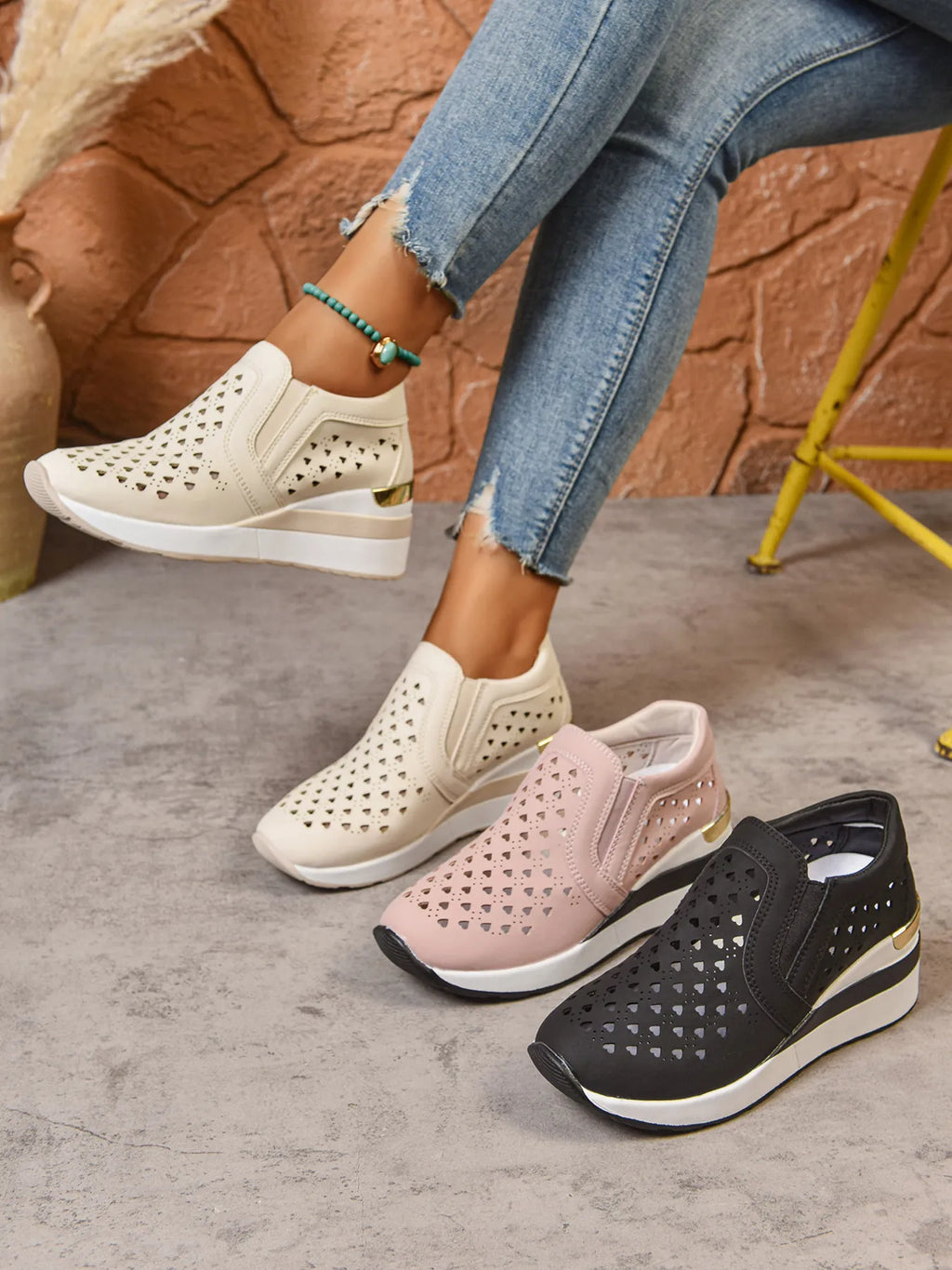 Breathable Cutout Wedge Sneakers