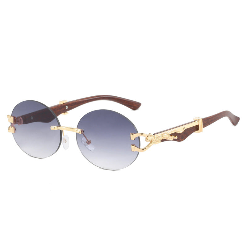 Leopard round frameless cut edge wooden leg sunglasses new sunglasses ins sunglasses for women