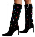 Black High Heel Crystal Decor Knee High Boots For Women Sexy Ladies Autumn Winter Flock Pointed Toe Boots Party Shoes Woman