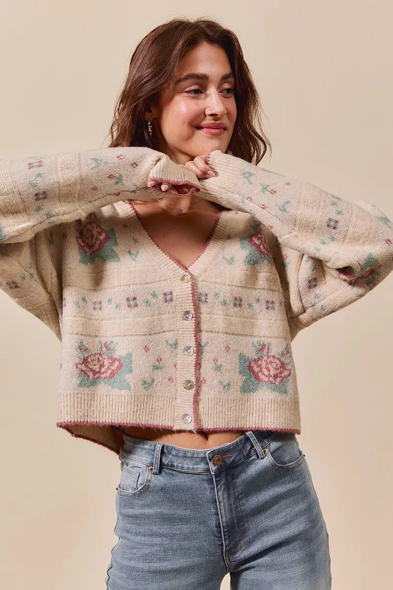 SO ME Floral Pattern Long Sleeve Button Sweater Cardigan