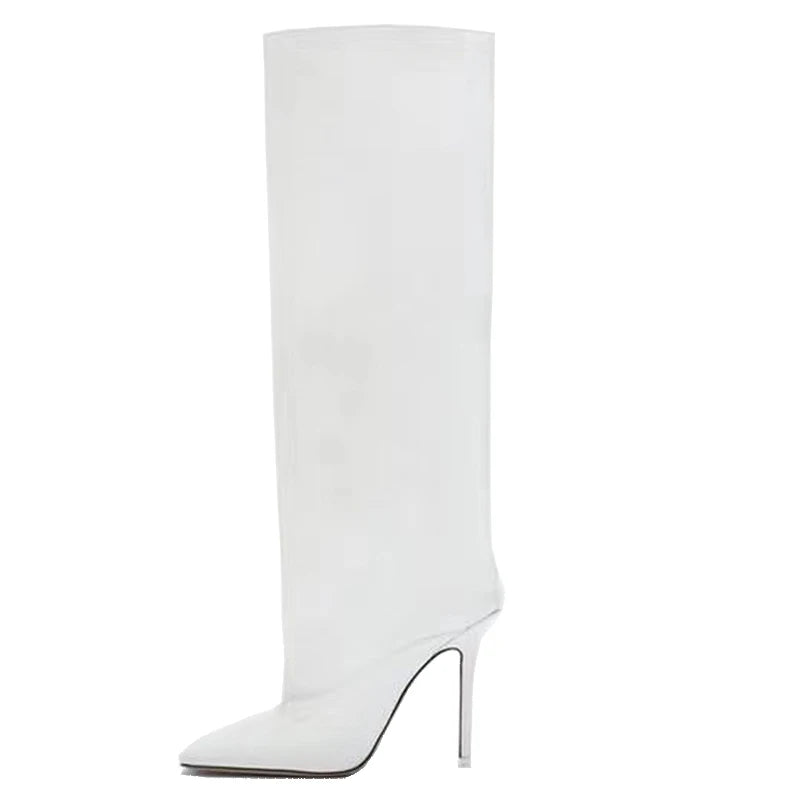 Silver Gold Fine Heel Square Head Knee Length Boots  Winter New Versatile Slim Sleeve Long Boots Large 43 Women's Shoes