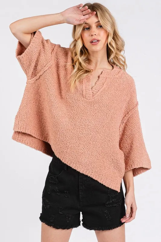 Mittoshop Side Slit Notched Drop Shoulder Sweater