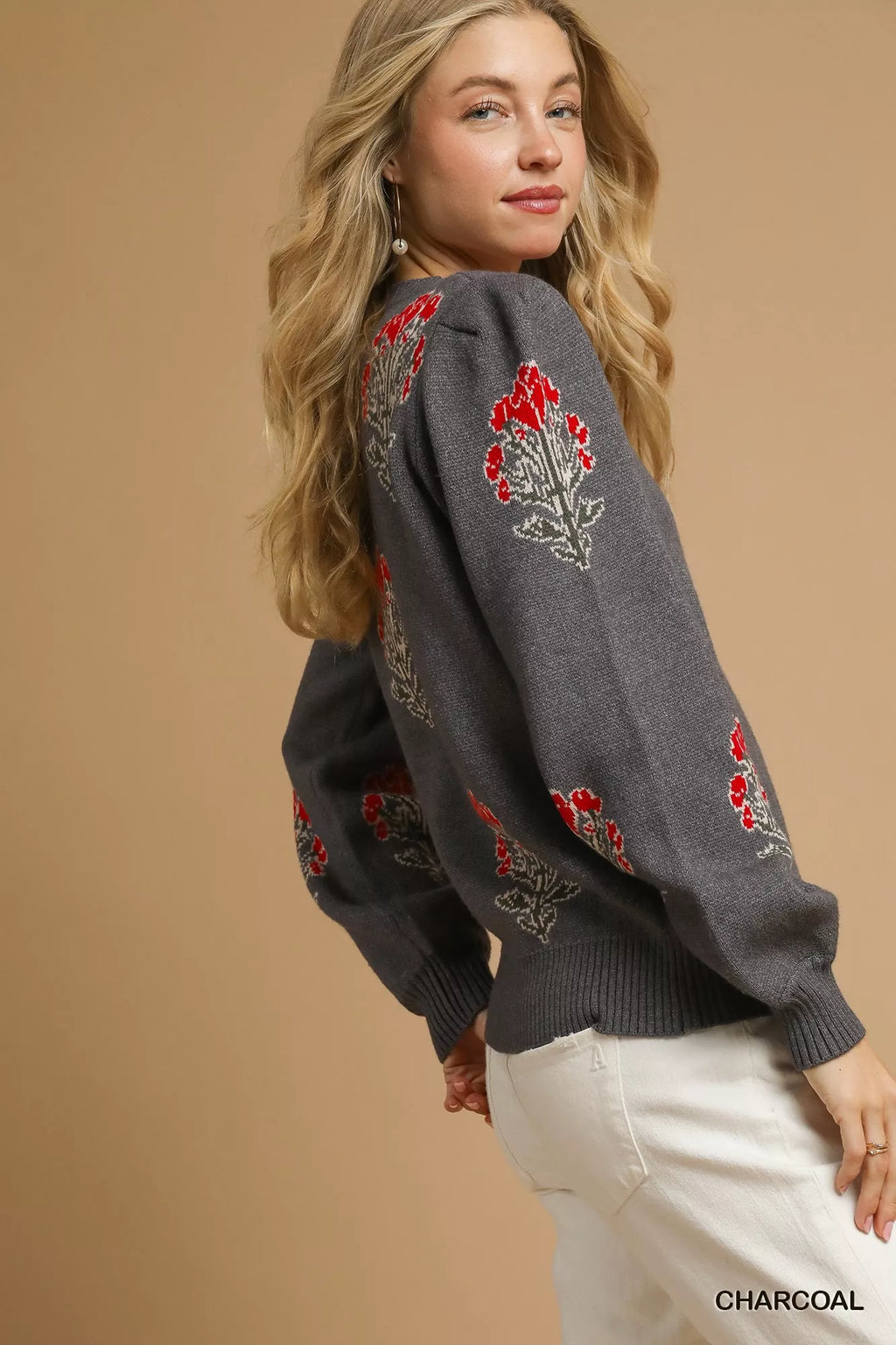 Umgee Single Flower Stem Jacquard Sweater