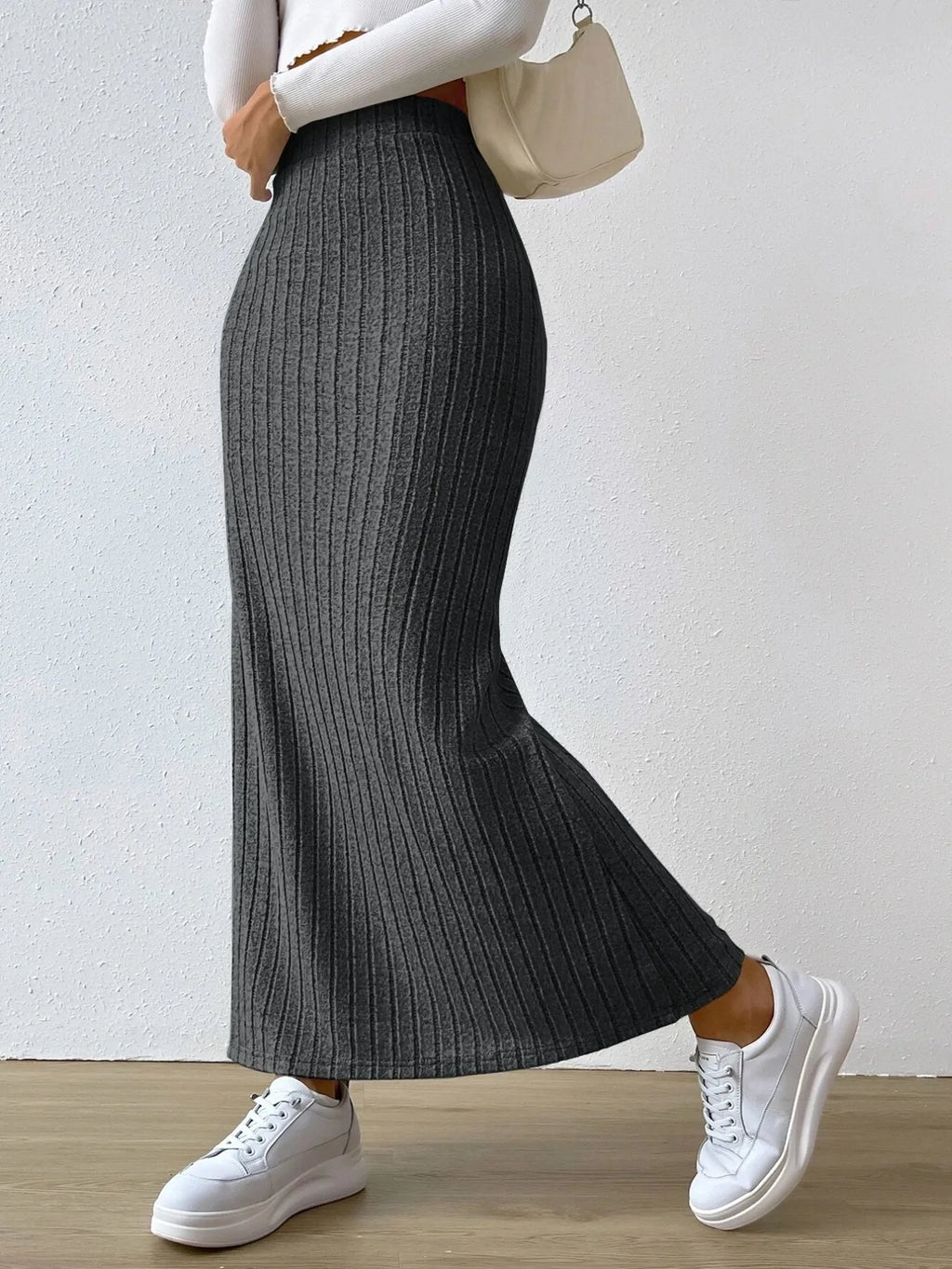 High Waist Ribbed Knit Maxi Skirt