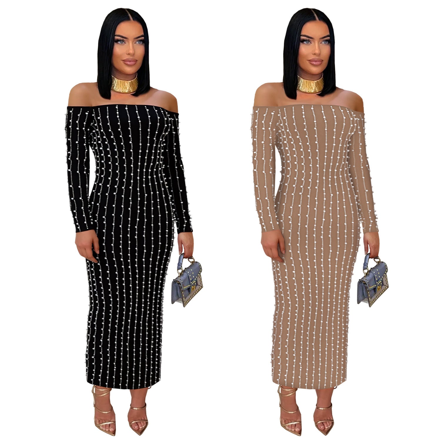 Elegant Long Sleeve Off-the-Shoulder Sequined Cap-Sleeve Dress
