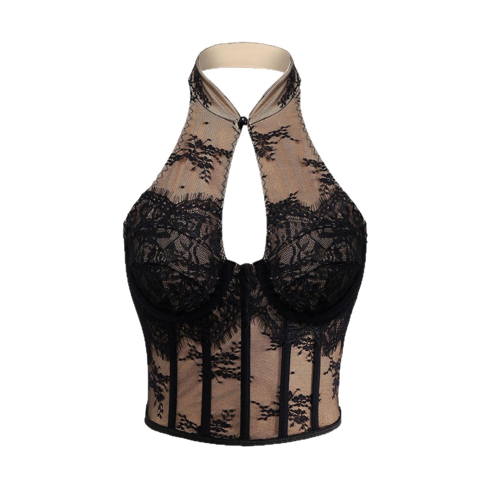 Sexy Lace Chinese Cheongsam Style Halter Button Fitted Corset Backless Hollow Out Crop Top