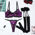 Skull Ghost Head Purple and Black Contrast Color Eyelash Elastic Lace European and American Style Sexy Lingerie Three-Piece Set