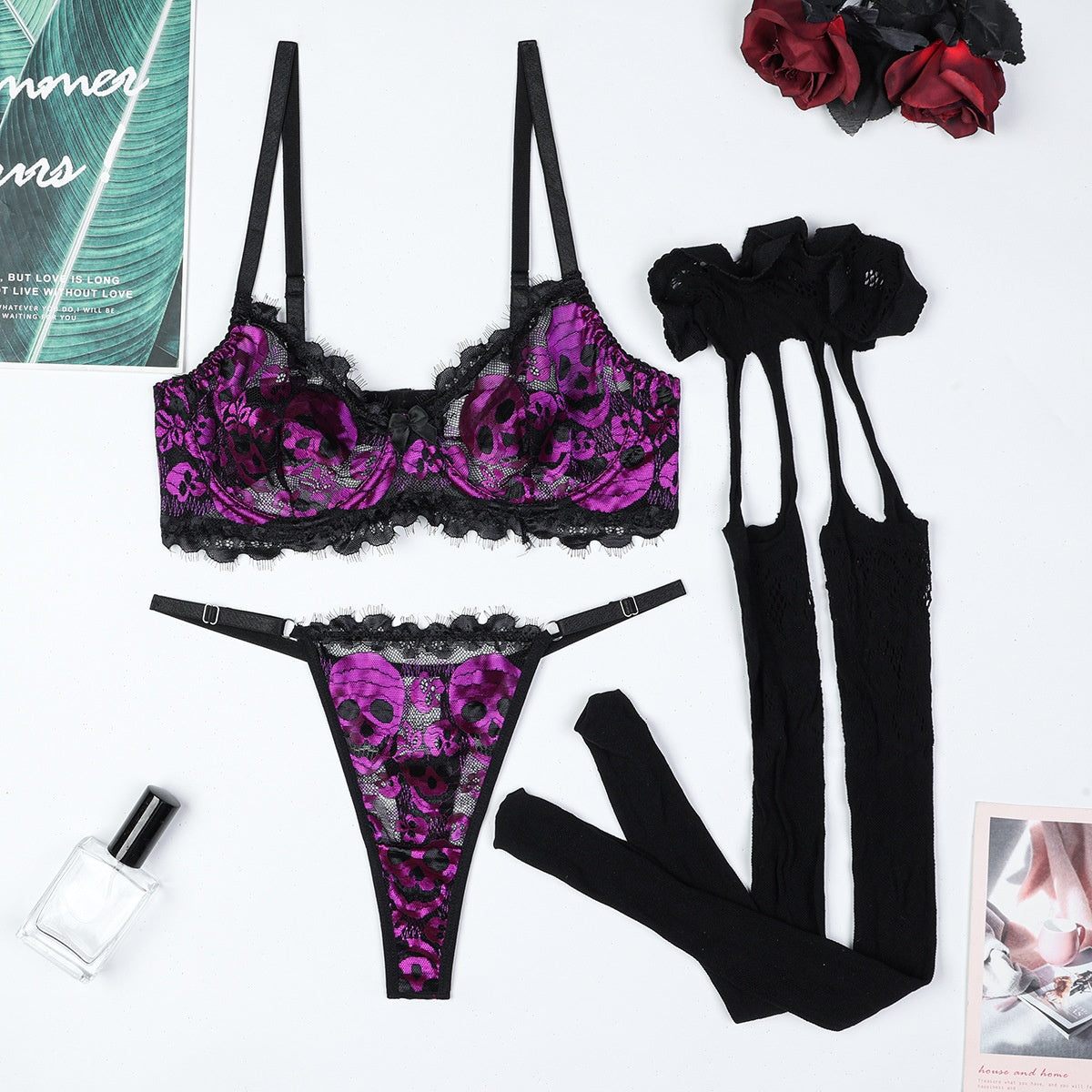 Skull Ghost Head Purple and Black Contrast Color Eyelash Elastic Lace European and American Style Sexy Lingerie Three-Piece Set