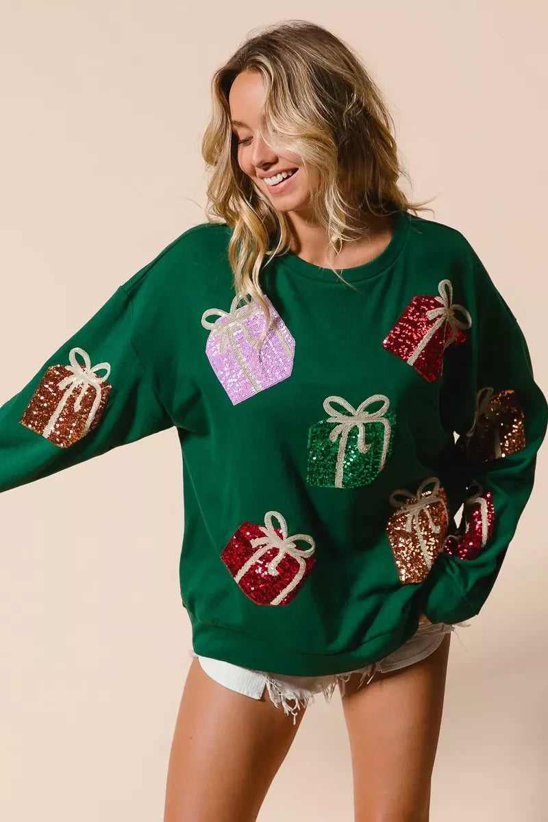 BiBi Sequin Christmas Gift Box Embroideries Pullover
