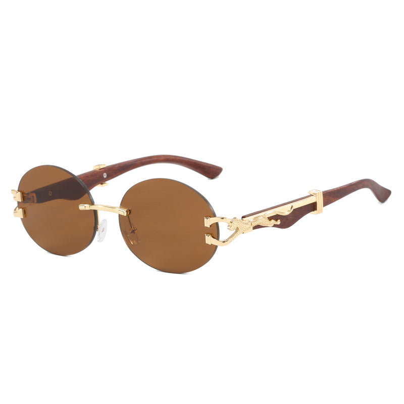 Leopard round frameless cut edge wooden leg sunglasses new sunglasses ins sunglasses for women