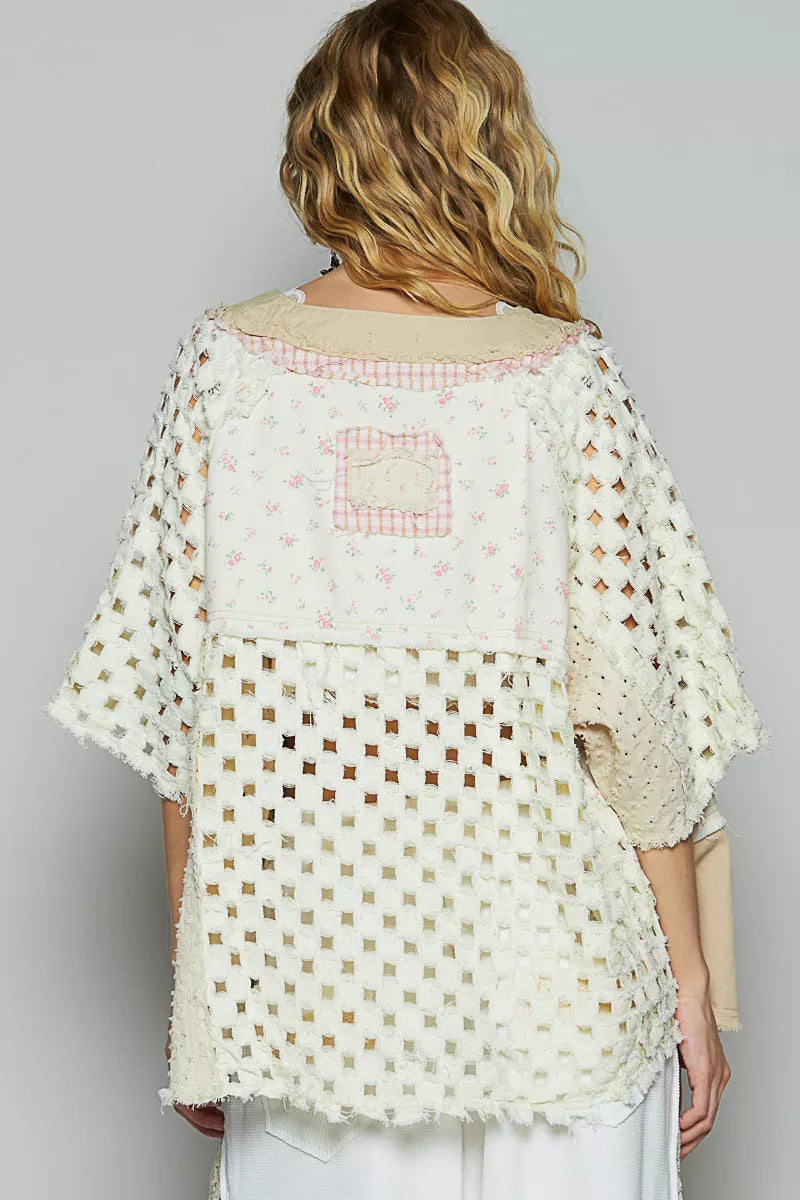 POL Button Down V-Neck Jacket with Printed Woven Patchwork