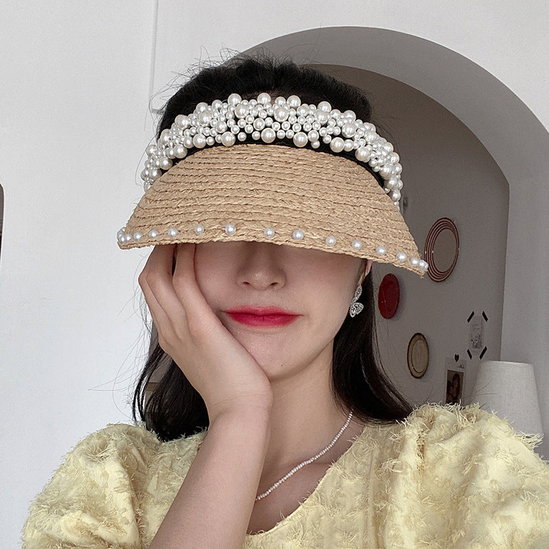 New Women Pearl Headband Hat Raffia Visor Caps For Girls Beach Hat Braided Fashion Cap Lady Summer Straw Sun Hats Wholesale
