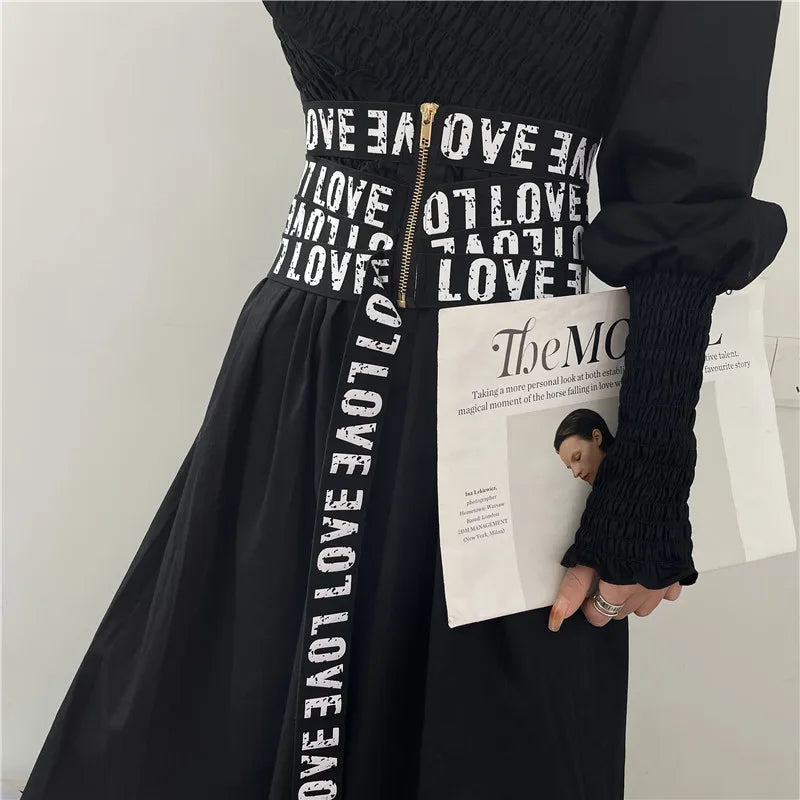 Women Cummerbunds Letter Printed Zipper Black Wide Belt Fashion Elastic Waistband All Match Ladies Waist Band Corset