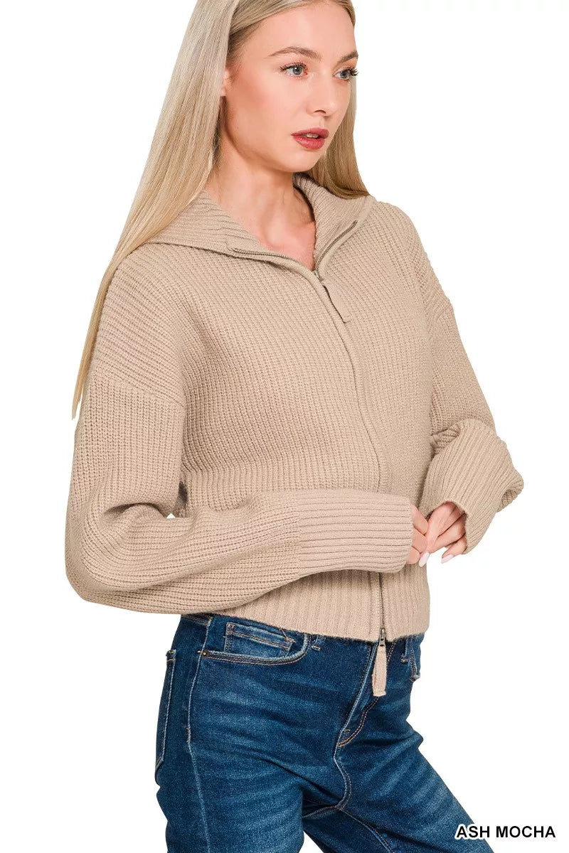 Zenana Ribbed Collared Zip Up Sweater Cardigan