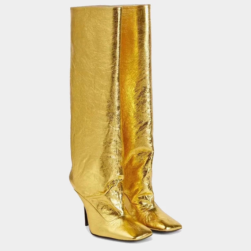 Silver Gold Fine Heel Square Head Knee Length Boots  Winter New Versatile Slim Sleeve Long Boots Large 43 Women's Shoes