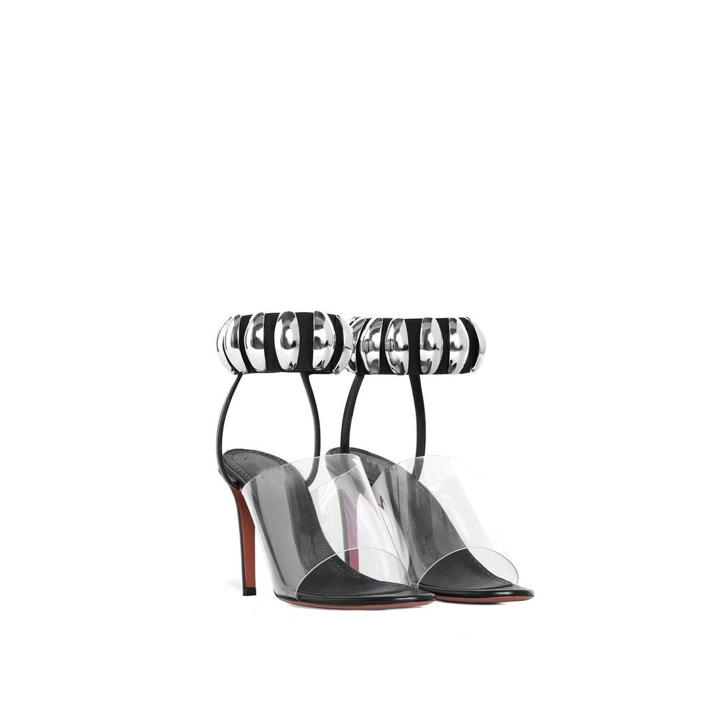 Slender high heels with round toe metal buckle and transparent PVC open toe Roman sandals