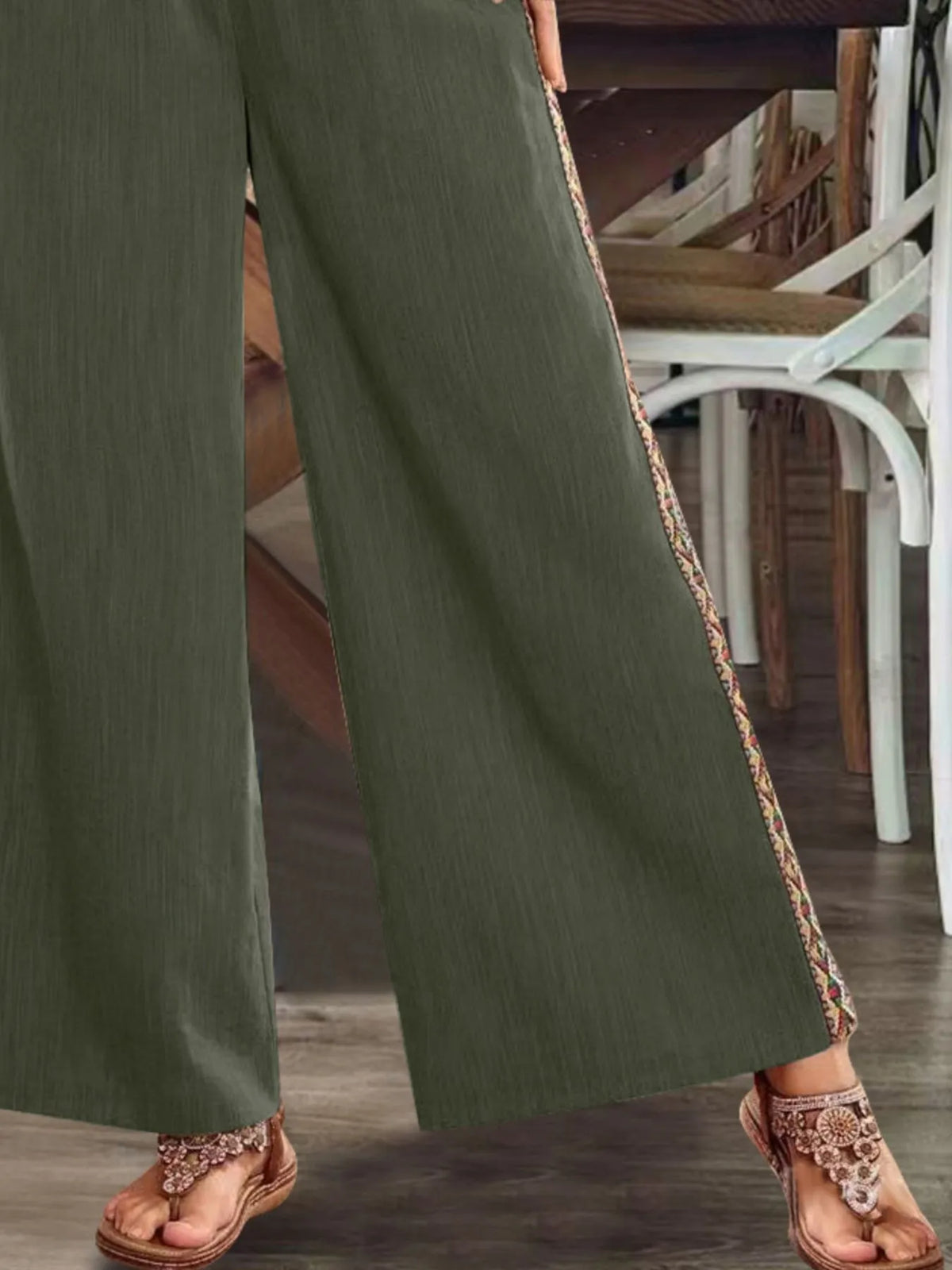 Bohemian Wide Leg Embroidered Side Stripe Pants