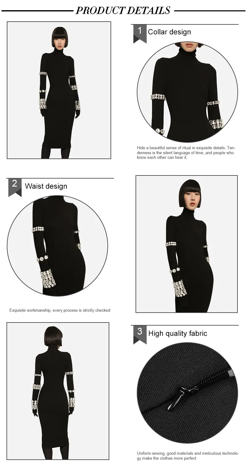 Luxury Party Dresses For Women Long Sleeve Gloves With Crystal Bandage Black Midi Dress Evening Gowns  Autumn Winter