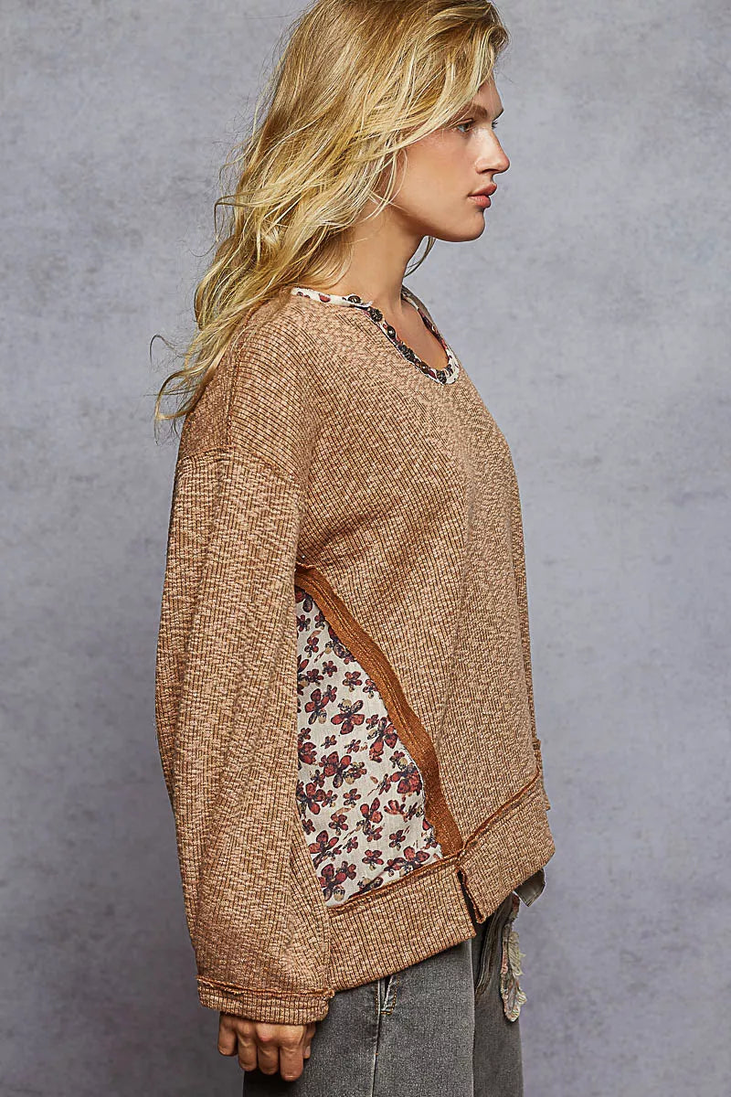 POL Balloon Sleeve Oversized Ribbed Top with Floral Pattern Contrast