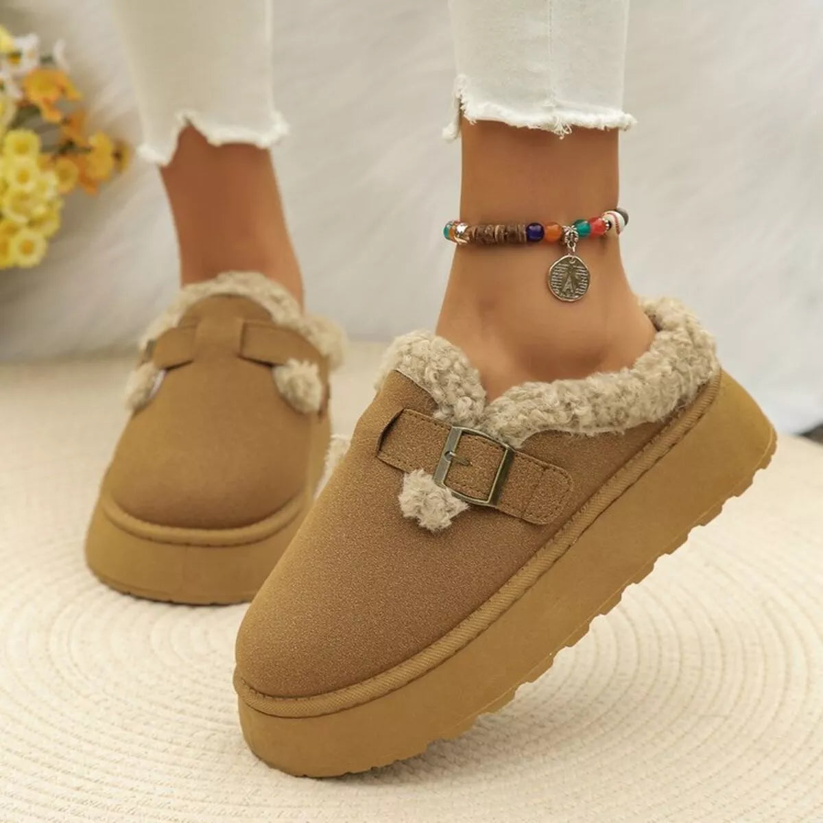 Round Toe Platform Fleece-Lined Slip-Ons
