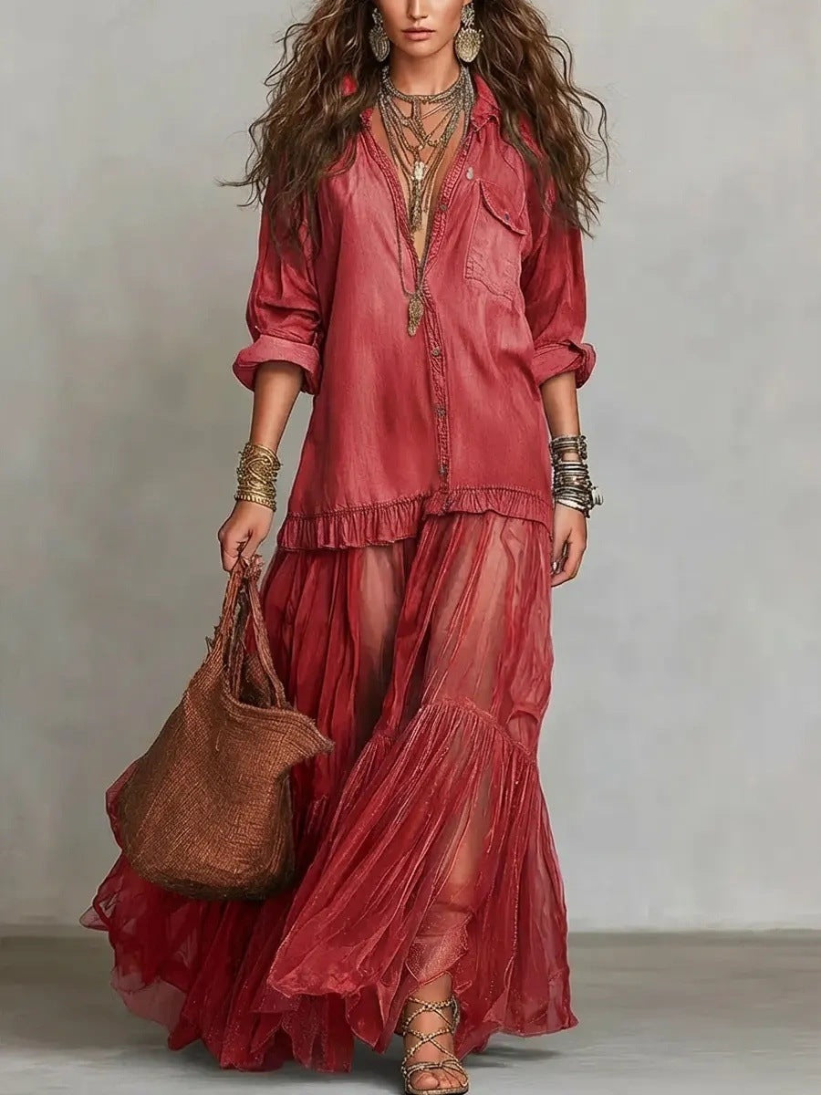 Women's Retro Lapel Collar Faux Denim Maxi Dress Casual Pocketed Dress