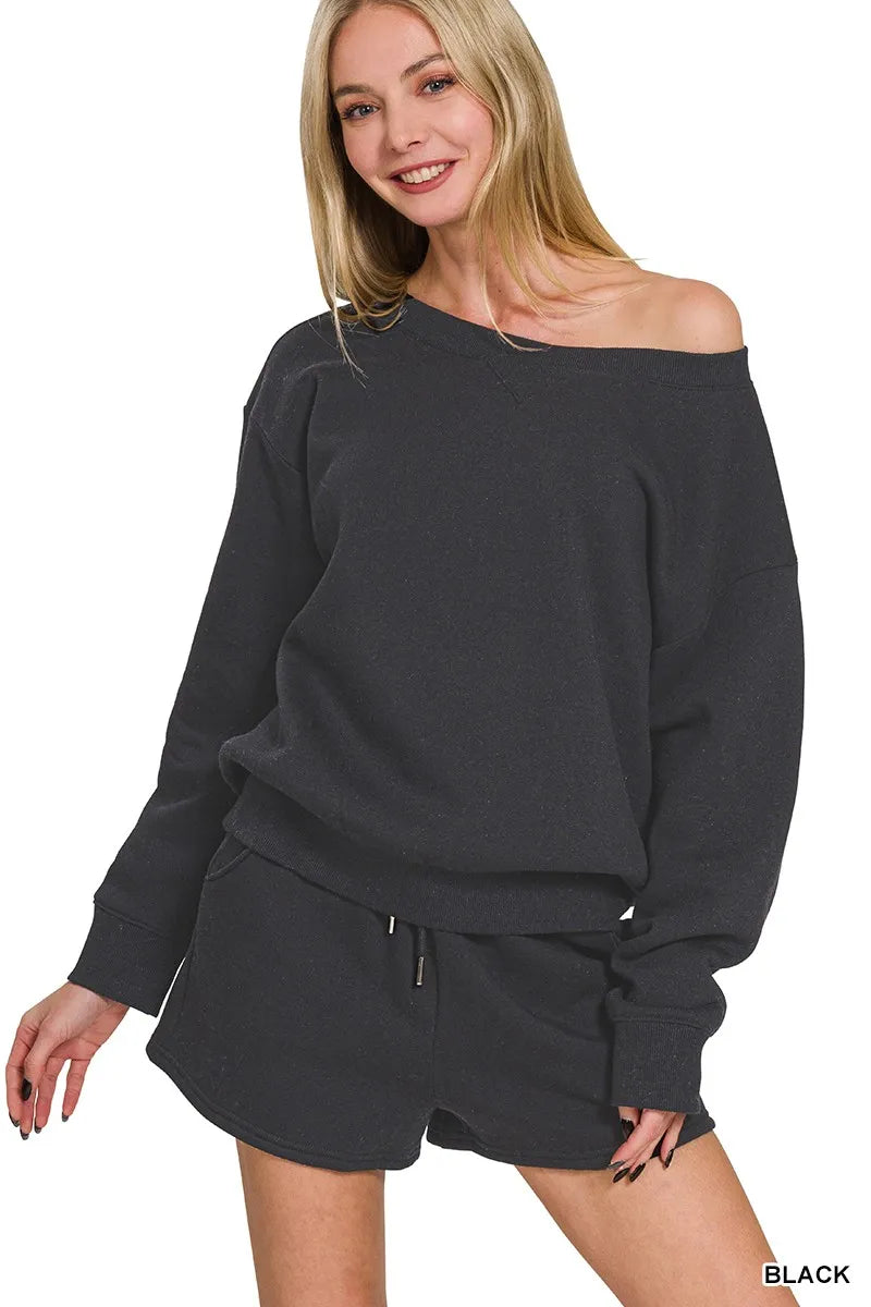 Zenana Fleece Boat Neck Sweatshirt and Shorts Set