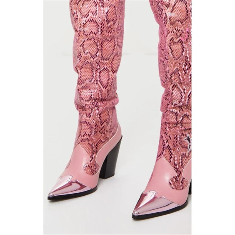 Women's Over-the-Knee Pink Snake Skin Boots