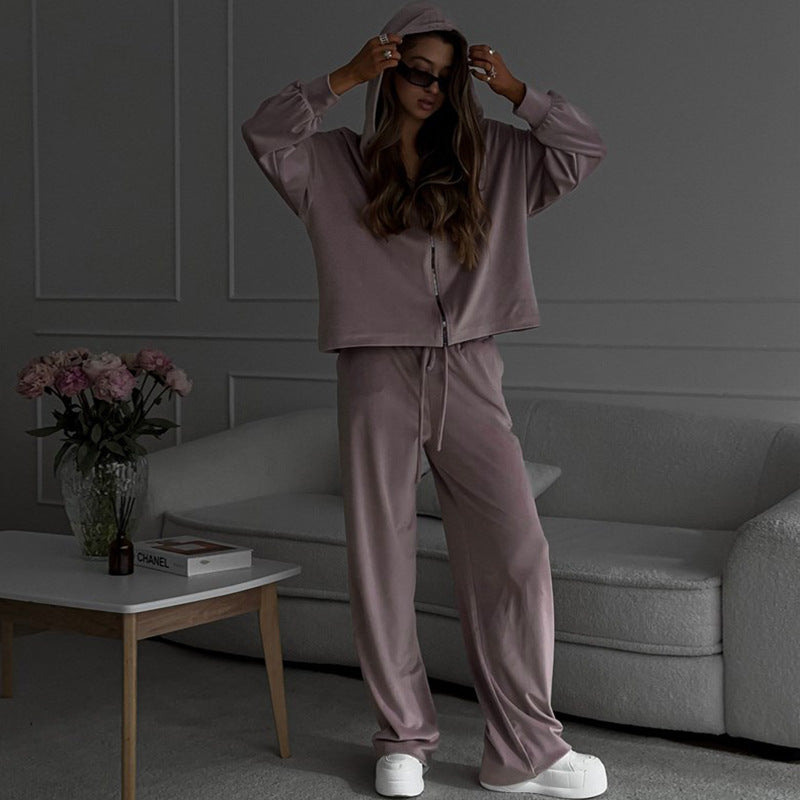 Solid color long sleeved cardigan cap top sports pants two-piece set