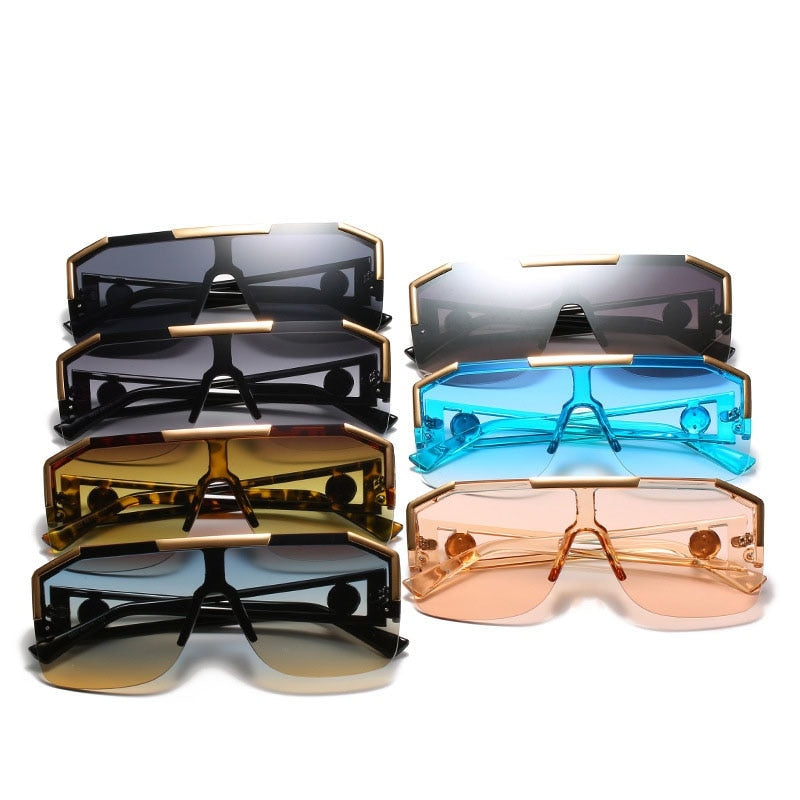 Oversized Square Sunglasses Men Women Vintage Metal Big Frame Semi-Rimless One Lens Sun Glasses UV400