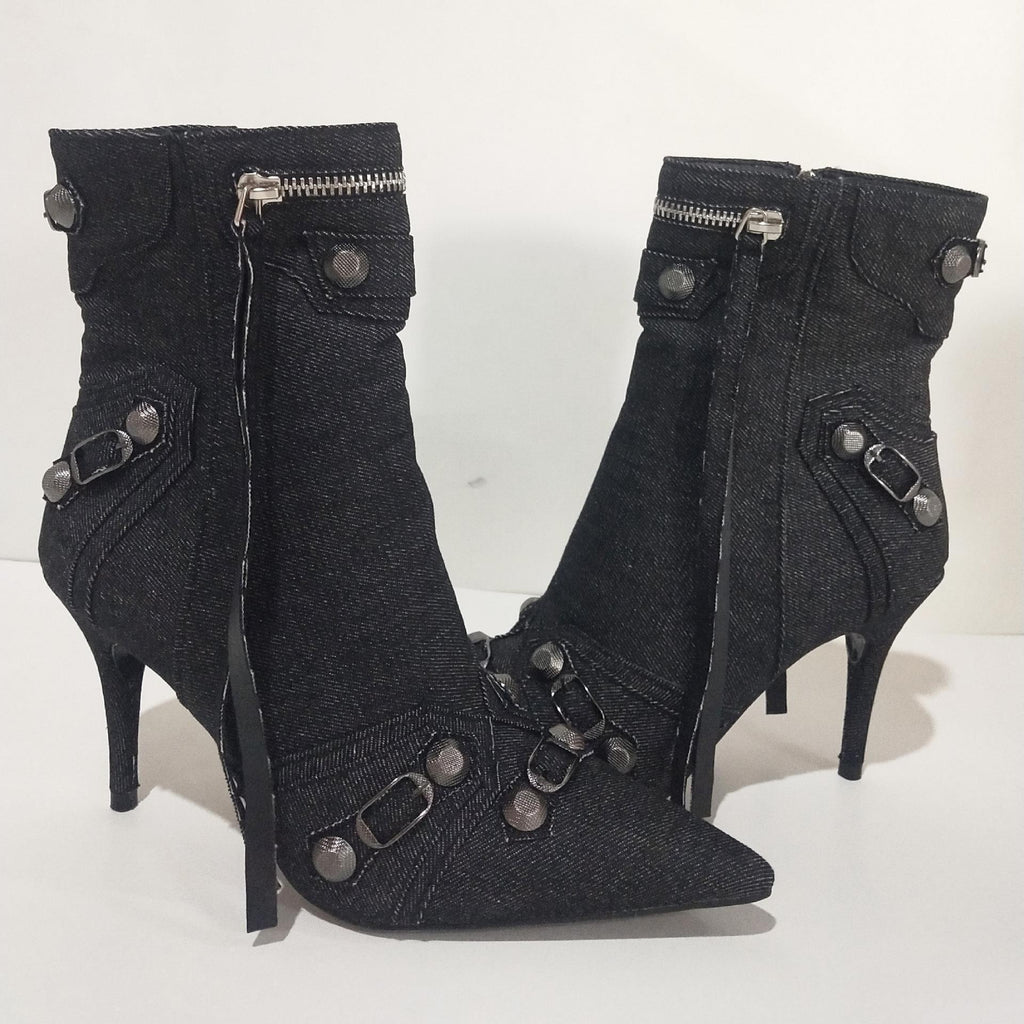 Metal Rivet Blue Denim Short Boots Silver Microfiber Leather Side Zipper Pin Buckle